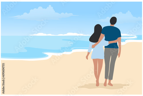 Loving couple standing on sunset beach vector illustration. Happy valentine' s day, honeymoon and love concept