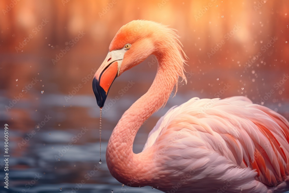 Fototapeta premium pink flamingo at pastel peach color sunrise swimming in water