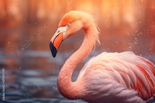 pink flamingo at pastel peach color sunrise swimming in water