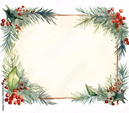 christmas frame with fir branches and berries