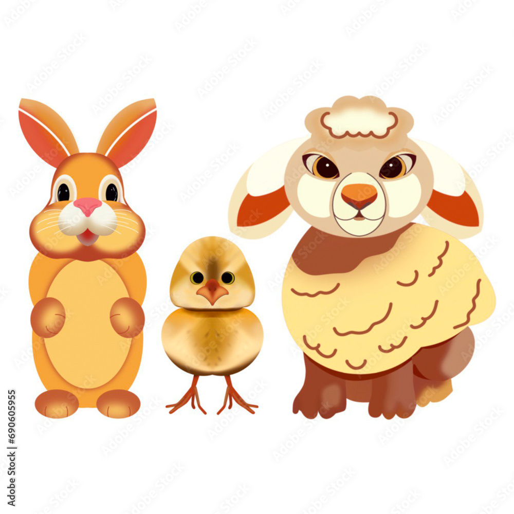 a set of illustrations of a cute lamb, chicken and rabbit hand-drawn on a white background a set of illustrations of a cute lamb, chicken and rabbit hand-drawn on a white background