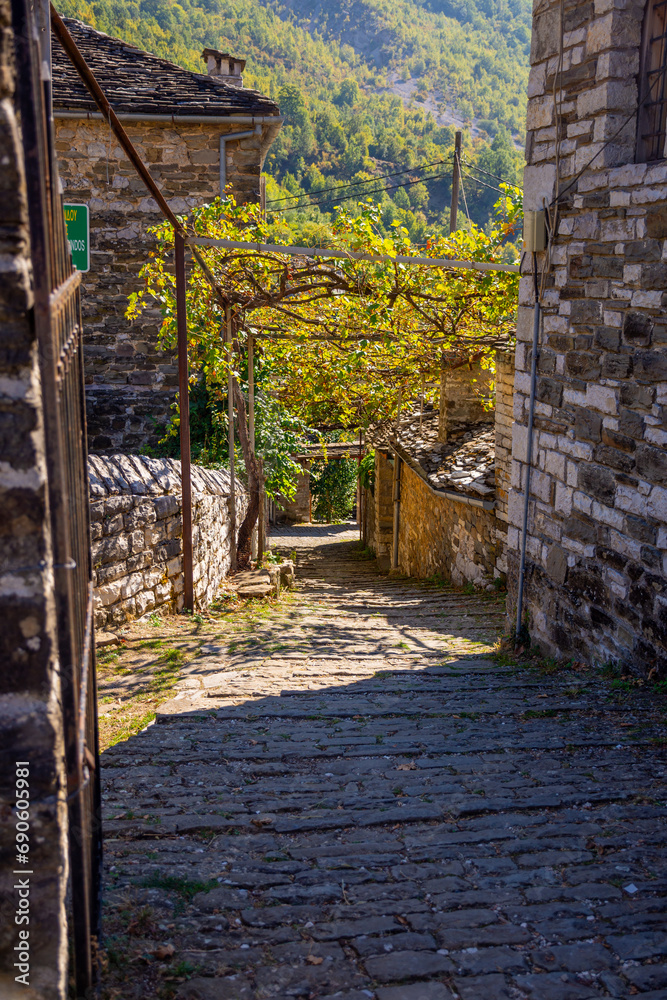 Picturesque alley in Mikro Papigo, one of the most beautiful greek mountainous villages, Zagori region, Ioannina, Epirus.