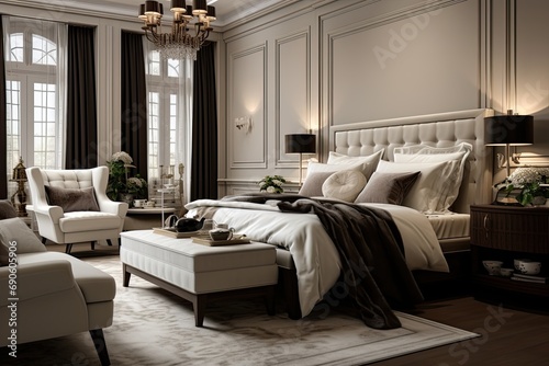 Luxurious and elegant bedroom interior design with classic elements, comfortable furniture and a calm color palette.