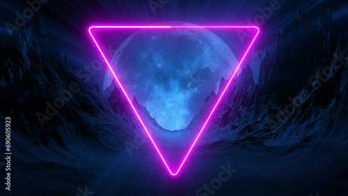 Wallpaper Mural Retro neon synthwave, sfi-fi style background. Alien mountain landscape with outer space and retrowave neon triangle. Bright neon frame with full moon in the dark, extraterrestrial technology Torontodigital.ca