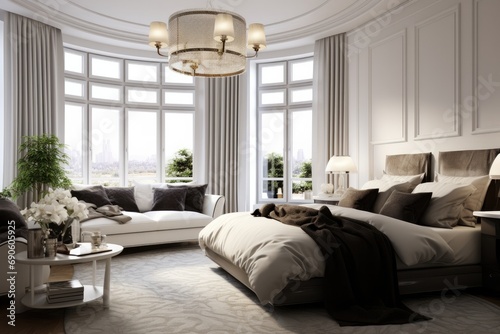 Modern and luxurious bedroom interior design with classic and neoclassical elements, elegant bed and stylish decor. photo