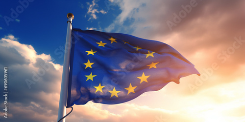 Close up of the Flag of European Union waving in the breeze against a sunset sky. Banner with EU flag. --ar 2:1 --v 5.2 Job ID: 0aaca1ff-e4b8-4255-b0fc-0a35c6de2d46 photo