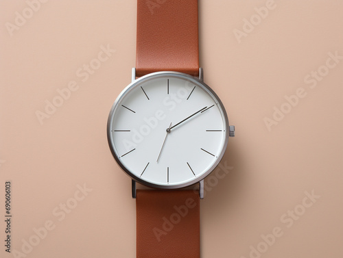 Close-up of a minimalist wristwatch with a plain face. --ar 4:3 --v 5.2 Job ID: 70c11002-57c0-4f1e-b14e-2c1ff334a5e2