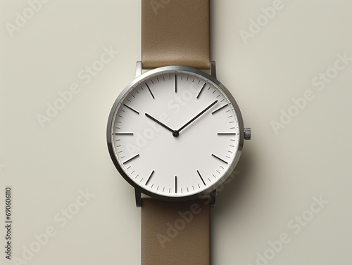 Close-up of a minimalist wristwatch with a plain face. --ar 4:3 --v 5.2 Job ID: 70c11002-57c0-4f1e-b14e-2c1ff334a5e2