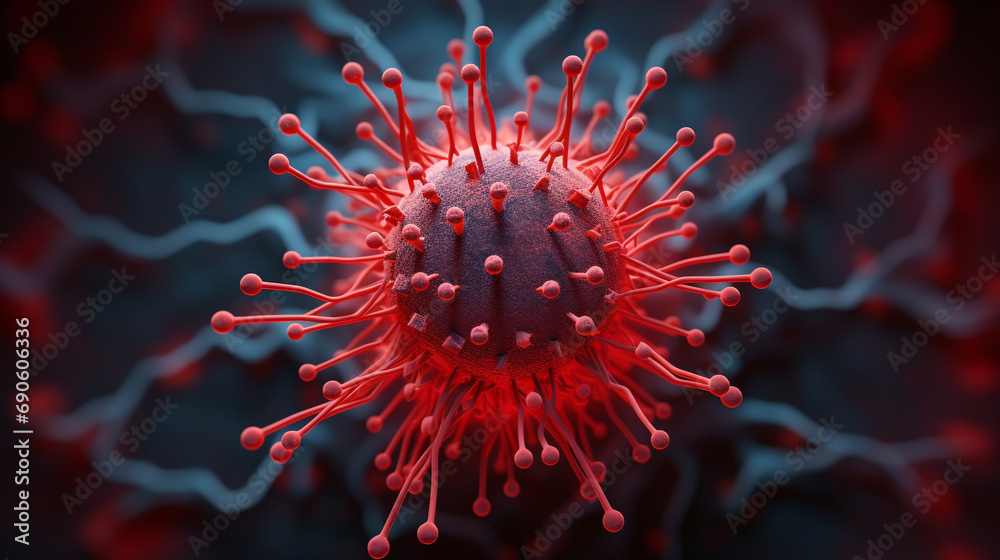 Close-up of a virus cell in red, captured in macro detail, and isolated on a clean background. --ar 16:9 --v 5.2 Job ID: 4aa19b60-5316-4b7c-ad11-3891e04426a2 - obrazy, fototapety, plakaty 