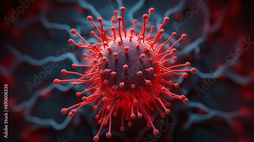Close-up of a virus cell in red, captured in macro detail, and isolated on a clean background. --ar 16:9 --v 5.2 Job ID: 4aa19b60-5316-4b7c-ad11-3891e04426a2 photo