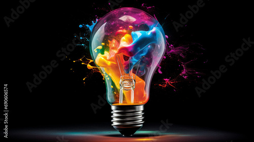 Creative light bulb explodes with colorful paint and splashes on a black background. Think differently creative idea concept --ar 16:9 --v 5.2 Job ID: 347d1303-e250-404c-b22b-b5fb301c73ec photo