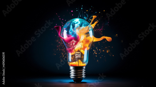 Creative light bulb explodes with colorful paint and splashes on a black background. Think differently creative idea concept --ar 16:9 --v 5.2 Job ID: c2e477b4-bc93-45c9-9121-f4f6f9051d74