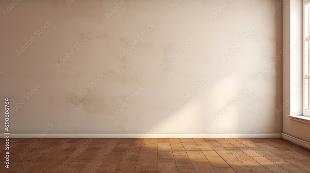 Empty room interior background, brown stucco wall, white wall, window and wooden floor --ar 16:9 --v 5.2 Job ID: e903bbf6-8d60-4388-92b8-f7183977ea57