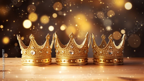 Three golden crowns on a wooden surface against a backdrop of twinkling golden lights.