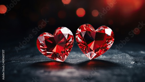 Two ruby-colored crystal hearts on a reflective surface against a backdrop of blurred red lights.