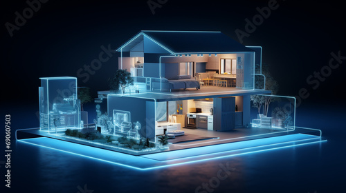 small hologram of a modern house, smart home concept --ar 16:9 --v 5.2 Job ID: 8cdd409f-ff65-43b6-a3d7-e3d03c794461