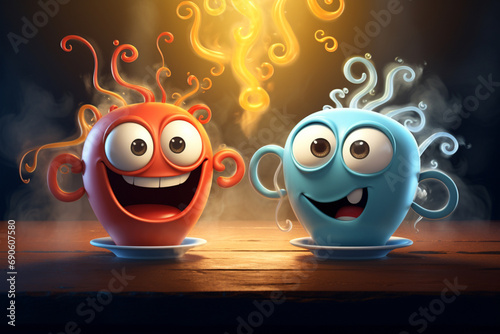 Two googly-eyed coffee cups engaged in a cheerful conversation, steam rising between them as they share a caffeine-infused chat, cartoon --ar 3:2 --v 5.2 Job ID: 83a2277b-ce7e-4f1c-89bc-084948dcf2da photo