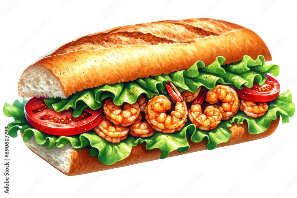 Watercolor Food of Cajun Shrimp Po' Boy , cafe menu , illustration isolated on transparent background, PNG File. Watercolor Food of Cajun Shrimp Po' Boy , cafe menu , illustration isolated on transparent background, PNG File.