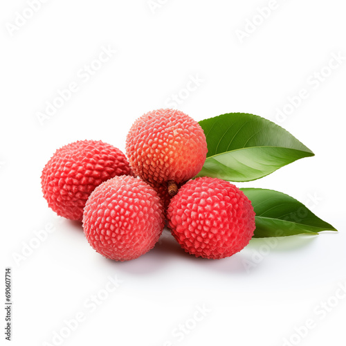 red lychee fruit and green leaves isolated on white background.