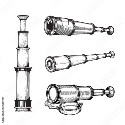 Spyglasses sketch set. Hand drawn nautical collection of optical telescopes. Vintage engraving illustrations isolated on white.