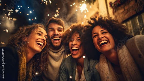 A group of friends happily smiling and laughing, enjoying each other's company at a celebration.