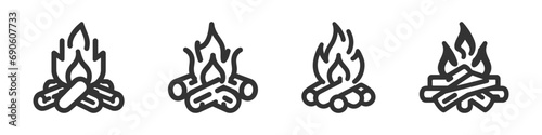 Camp fire icon set, pack, collection. Bonfire burning on firewood sign. Vector