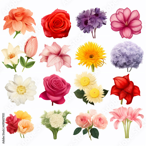 Set of different beautiful flowers on white background  AI Generative.