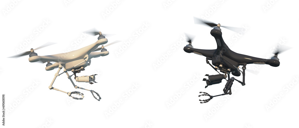An aerial drone (quadcopter) is a robot character with remote or independent control. Meeting of two different robots in flight. 3d illustration. White background. An aerial drone (quadcopter) is a robot character with remote or independent control. Meeting of two different robots in flight. 3d illustration. White background.