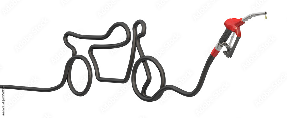 Illustration of a schematic motorcycle shape formed by a gasoline hose and nozzle on a white background, suitable for themes such as fuel, transportation, and motorcycling. 3D Illustration. Illustration of a schematic motorcycle shape formed by a gasoline hose and nozzle on a white background, suitable for themes such as fuel, transportation, and motorcycling. 3D Illustration.