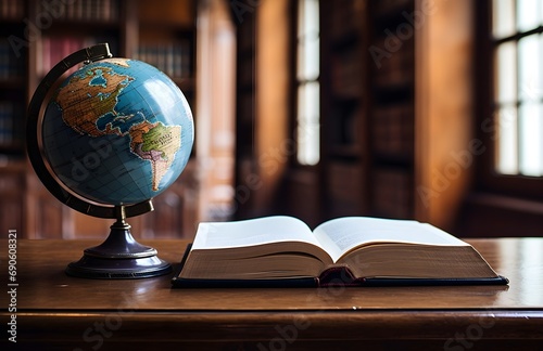 a globe sitting on top of a book on tables © Rongh5152