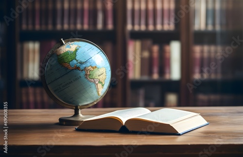 a globe sitting on top of a book on tables © Rongh5152
