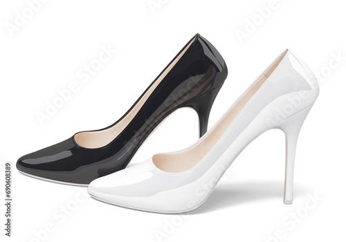Elegant women's high-heeled shoes. Patent leather. Black and white colors. Isolated on white background