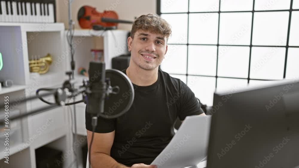 Handsome young hispanic radio reporter, smiling and enjoying the live broadcast while passionately presenting the news show in a casual setting of a high-tech radio studio Handsome young hispanic radio reporter, smiling and enjoying the live broadcast while passionately presenting the news show in a casual setting of a high-tech radio studio