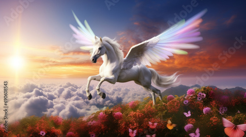 Pegasus flying in idyllic world of pink light and flowers © Kondor83