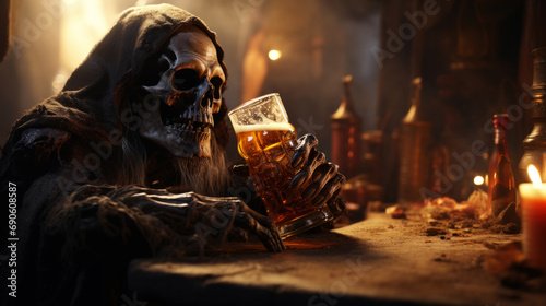 Tired demon enjoining a glass of beer in hell