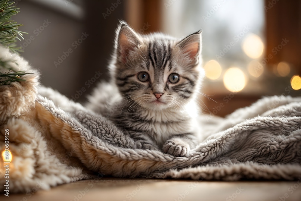 Naklejka premium charming grey and white kitten on cosy blanket