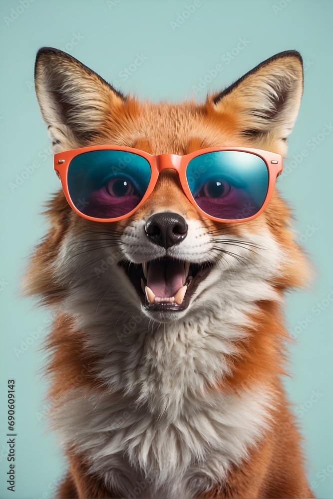 fox cartoon illustration with sunglasses, taking selfie on a pastel purple background, very funny illustration, commercial advertisement, award winning pet magazine cover	