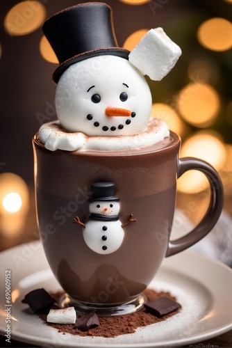 A steaming cup of hot chocolate, topped with a cream marshmallow snowman	
