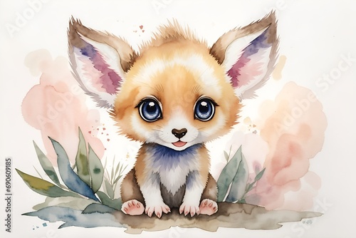 adorable, cute, funny, soft wild baby cangaroo in watercolor with big eyes