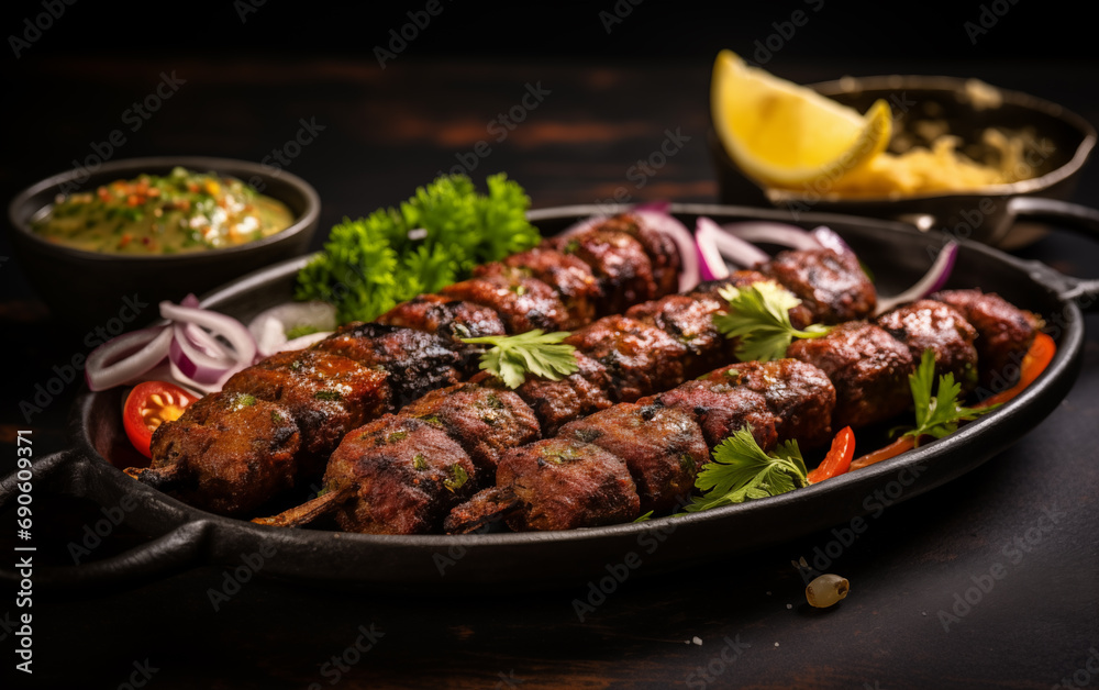 Seekh Kebab Platter on a Dark Background and Garnished with coriander leaves, lemon, and sauces