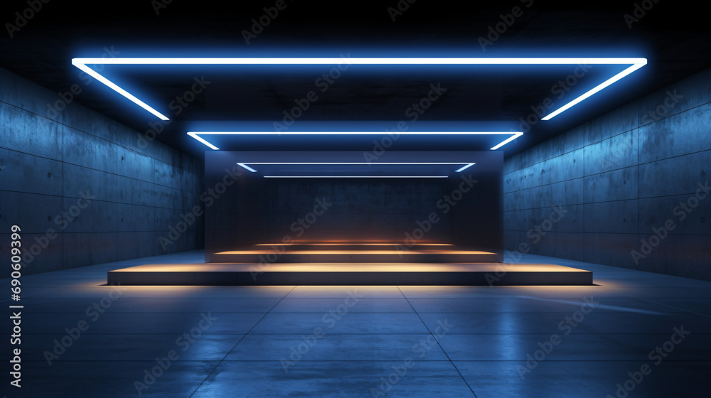 Open space dark room neon lights architecture, 3D rendering with empty space for product presentation Open space dark room neon lights architecture, 3D rendering with empty space for product presentation