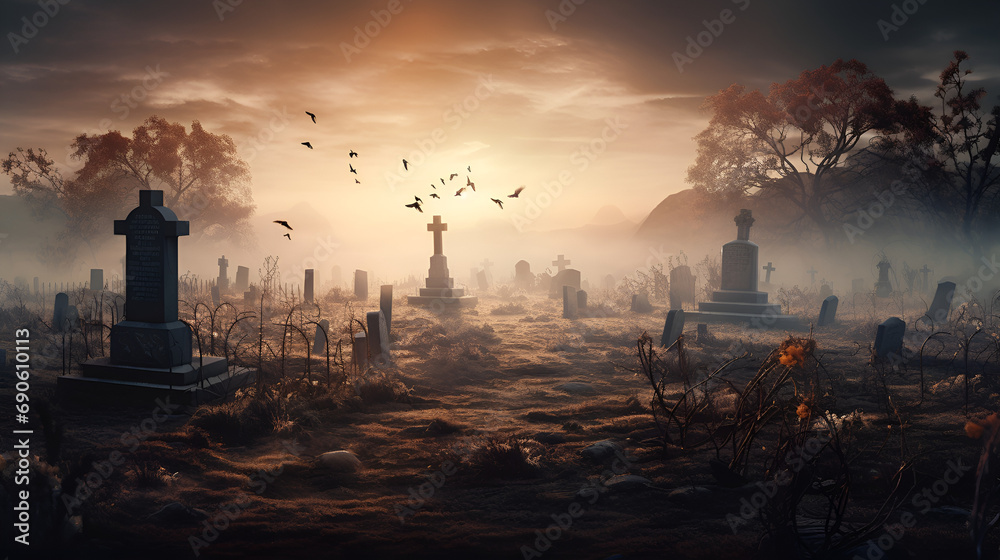 Horror cemetery at night. Digital art, Dead hand coming out from the soil Halloween Day, graveyard with lunar eclipse, chilling graveyard at midnight with full moon, Cemetery at Night, generative ai