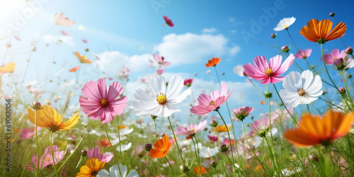 In the beautiful summer garden the vibrant colors of the blossoming flowers create a stunning background showcasing the natural beauty of floral flora and their delicate petals, Blooming cosmos flower