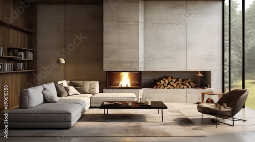 Minimalistic living room interior with a fireplace © Krtola 