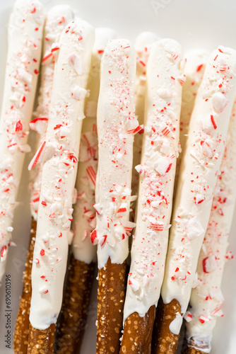 Candy cane chocolate covered pretzel rods