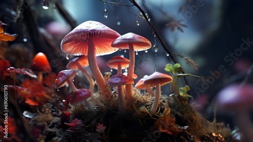 beautiful mushrooms with drops of water after rain in a forest clearing.