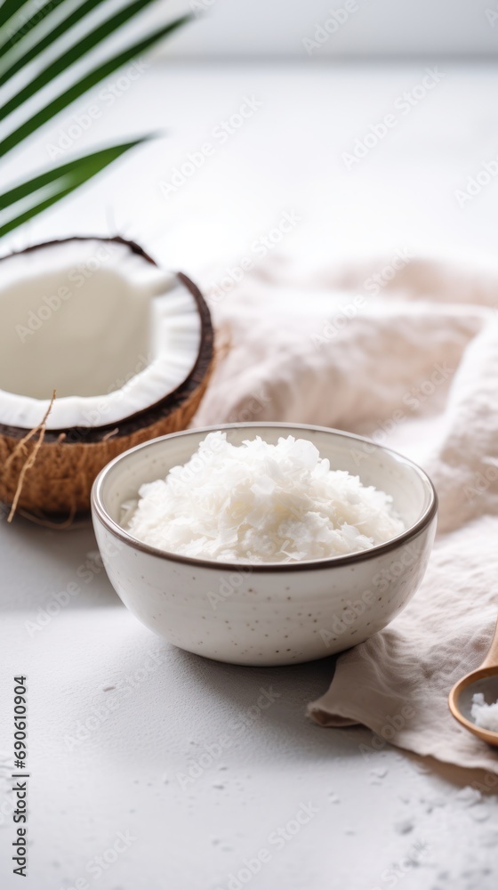 Close-up of coconut oil in a white bowl, with coconuts and wooden spoon, on a neutral surface.