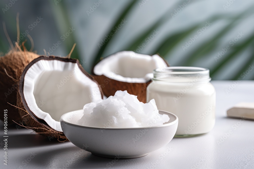 Fresh coconut oil and flakes in ceramic bowl with halved coconut in the background, modern kitchen. Fresh coconut oil and flakes in ceramic bowl with halved coconut in the background, modern kitchen.