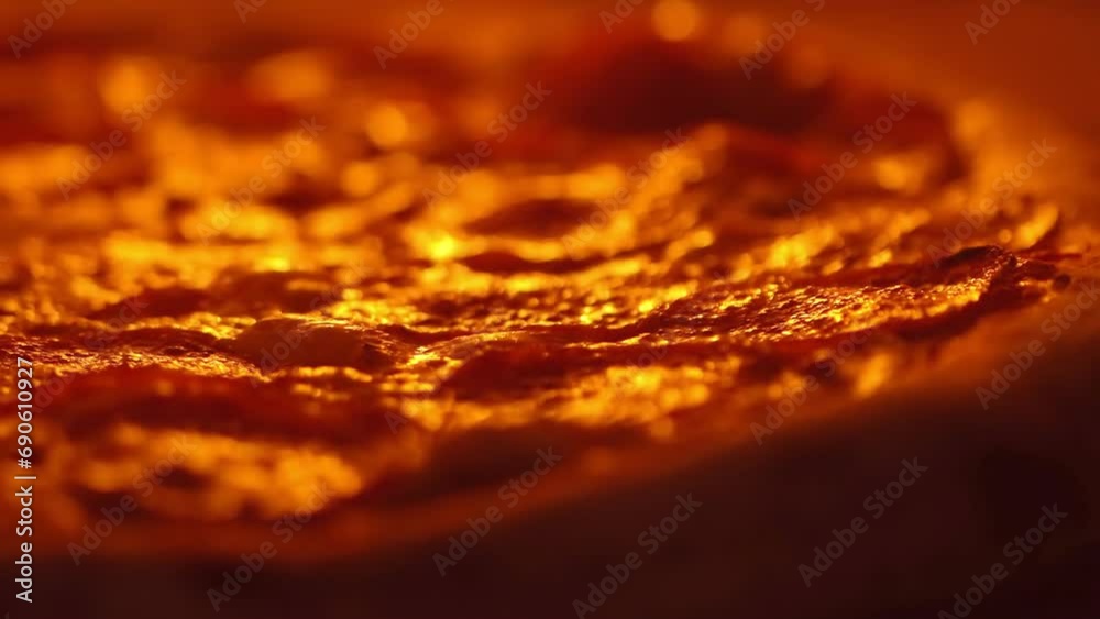 Unwrapping pizza with salami and bubbling mozzarella in a stove close up. Cooking pizza on a thick dough with a crispy crust in an oven with strong heat Unwrapping pizza with salami and bubbling mozzarella in a stove close up. Cooking pizza on a thick dough with a crispy crust in an oven with strong heat