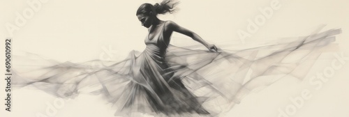 Ethereal monochrome illustration of a dancer with flowing dress in motion, contemporary dance.